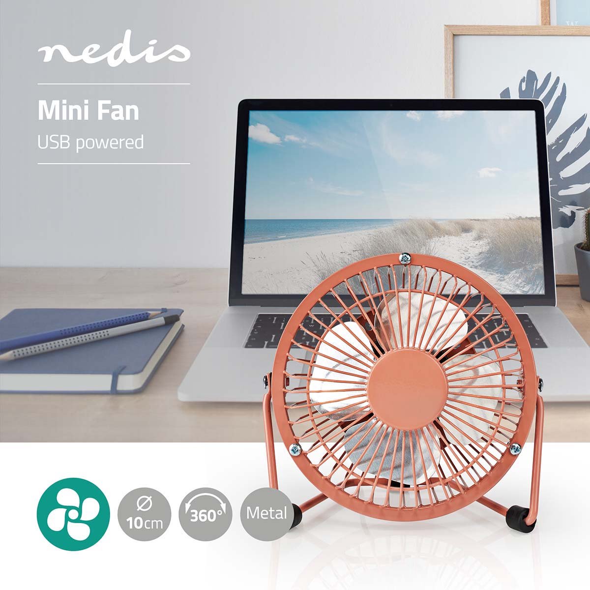 Nedis Tafelventilator | USB Gevoed | Diameter: 100 mm | 3 W | 1 Snelheid | Oud Roze