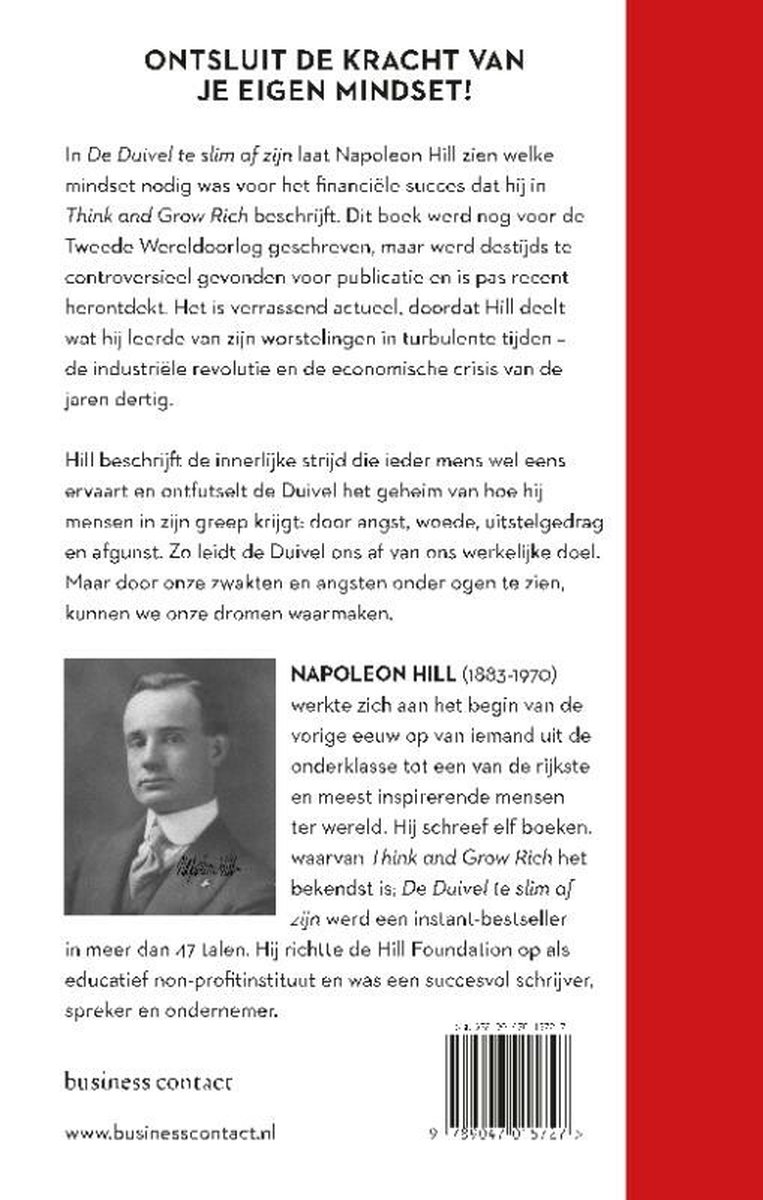 Boekomslag van 'De Duivel te slim af zijn' met portret van Napoleon Hill en tekst over het boek.