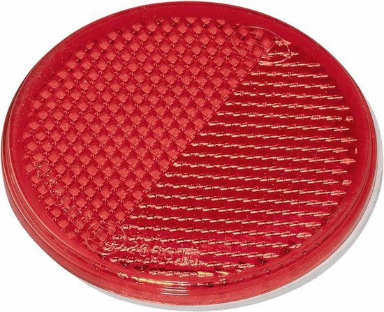 Rode, ronde, zelfklevende reflector met certificeringsmarkeringen.