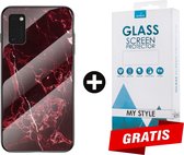 Backcover Marmerlook Hoesje Samsung A41 Rood - Gratis Screen Protector - Telefoonhoesje - Smartphonehoesje