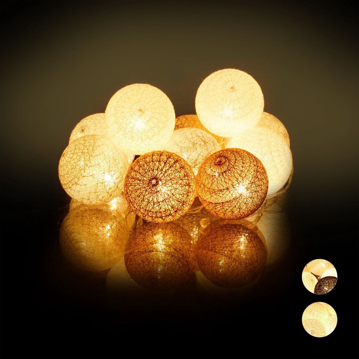 led lichtsnoer met 10 ballen - katoen - op batterijen - sfeerverlichting - Ø 6 cm - buiten - wit-grijs-bruin