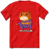 Casual kat T-Shirt Grappig | Dieren katten Kleding Kado Heren / Dames | Animal Skateboard Cadeau shirt - Rood - L