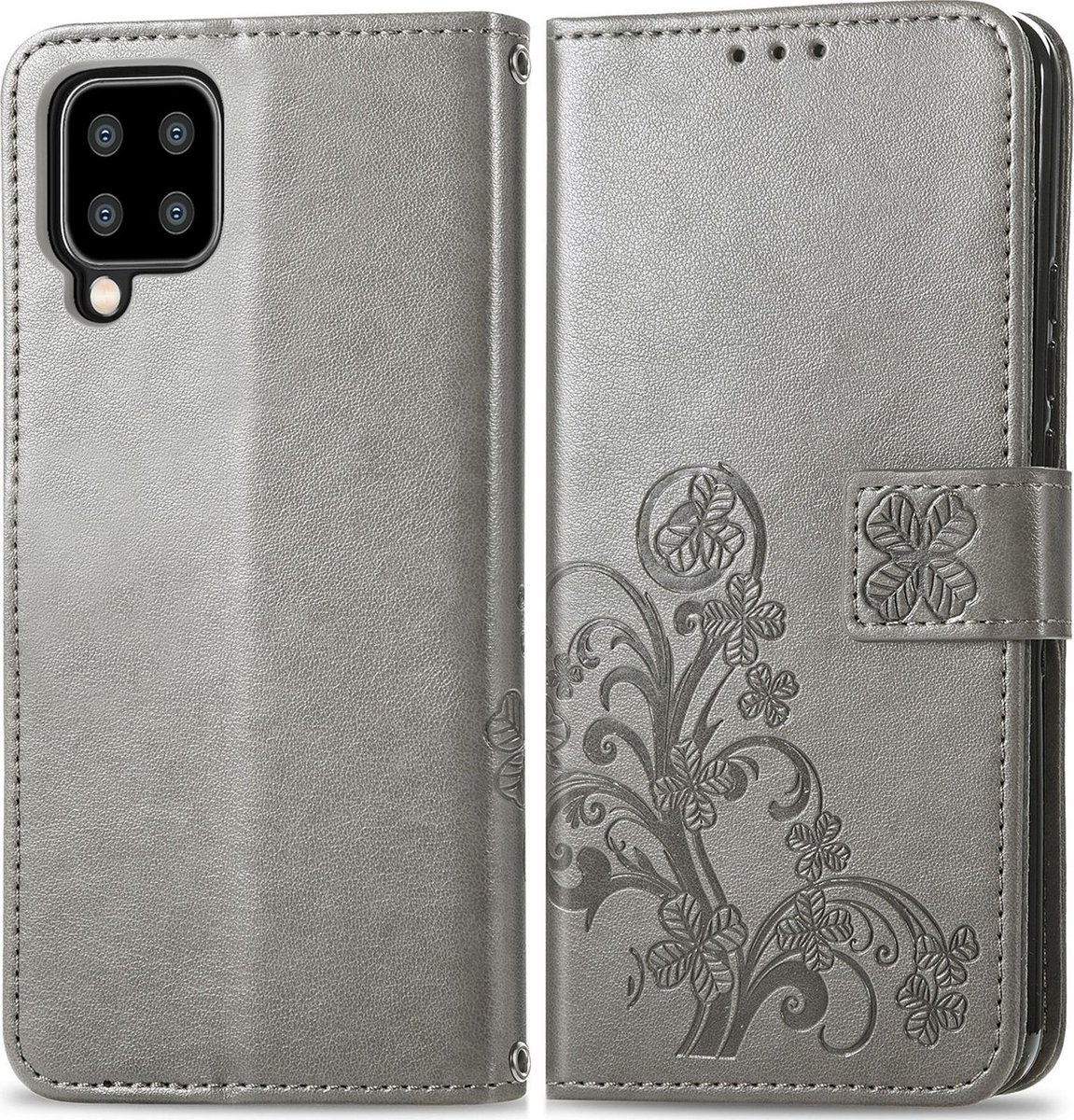 Mobigear Telefoonhoesje geschikt voor Samsung Galaxy A22 5G Hoesje | Mobigear Clover Bookcase Portemonnee | Pasjeshouder voor 3 Pasjes | Telefoonhoesje voor Pinpas / OV Kaart / Rijbewijs - Grijs