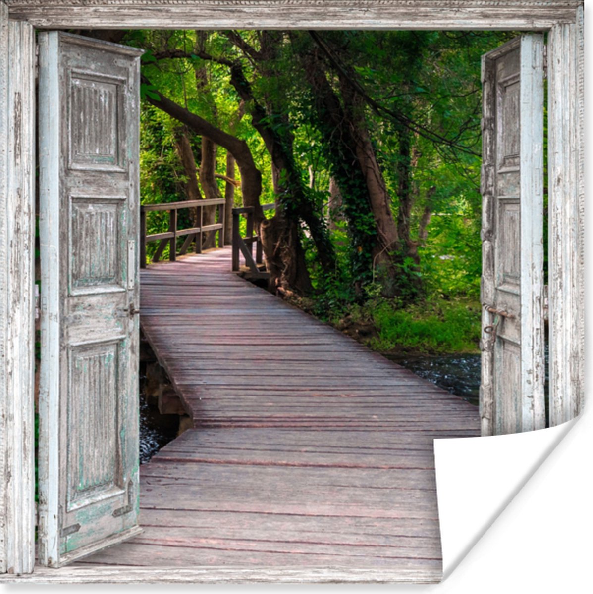 Poster Brug - Bos - Doorkijk - 75x75 cm