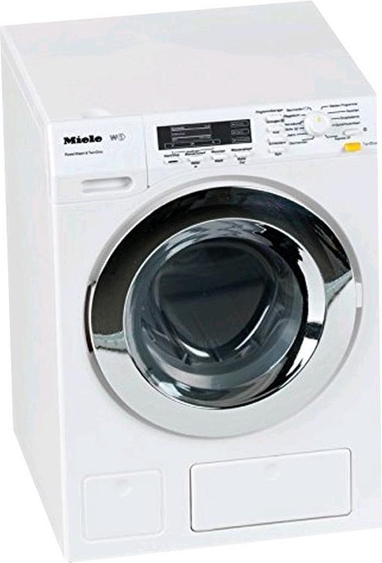 Klein Toys Miele wasmachine - 18,5x26x18 cm - incl. roterende trommel, watertoevoer, waterafvoer en geluidseffecten - wit