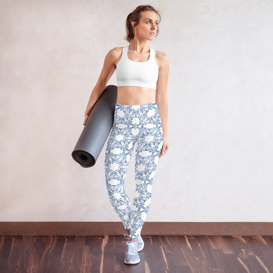 Sportlegging - design Grace in Lace - High Waist - Dry Fit - High Performance - 4way stretch- unieke print - UPF 50+ - Hardloop - Yoga - Fitness - Dans - Pilates - Training - sportbroek - wit klassiekblauw - maat L — afbeelding 2