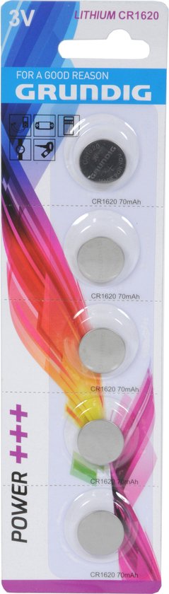 Grundig CR1620 3V knoopcelbatterijen, verpakt met 5 stuks, met een paarse, gele en roze golfdecoratie.