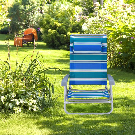Relaxdays strandstoel opvouwbaar - verstelbaar - laag - met nekkussen - armleuningen - flesopener - blauw-groen-wit van Relaxdays — afbeelding 2