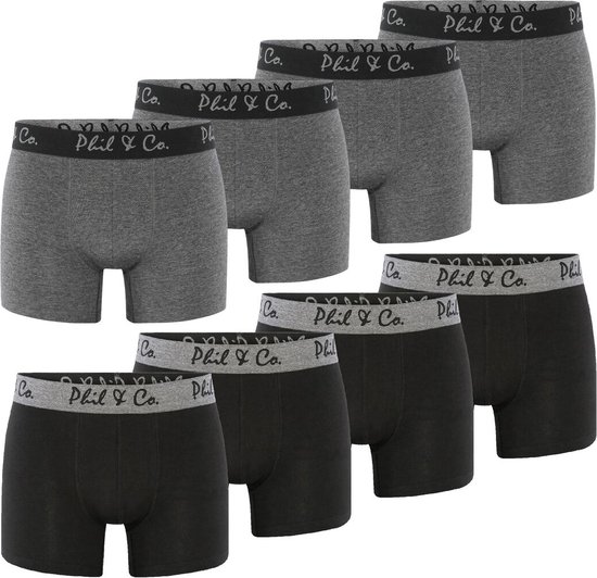 Phil & Co Zwarte Boxershorts Heren Effen Zwart / Antraciet8-Pack - Maat XL | Onderbroek