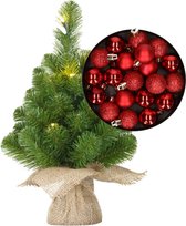 Mini sapin de Noël/sapin artificiel avec éclairage 45 cm et comprenant des boules de Noël rouges - Décorations de Noël