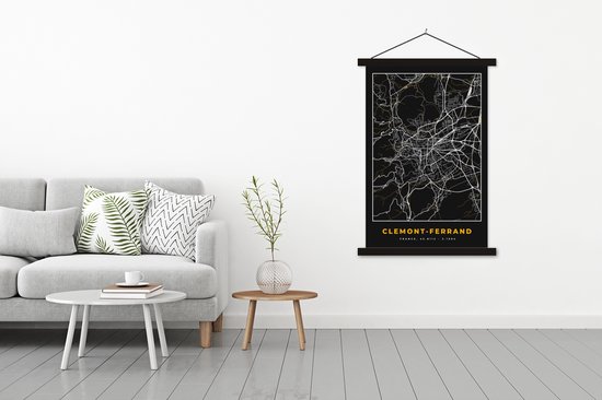 Posterhanger incl. Poster 120x180 cm - Schoolplaat - Kaart - Frankrijk - Plattegrond - Clemont-Ferrand - Stadskaart - Textielposter - Zwarte latten - Stadskaart