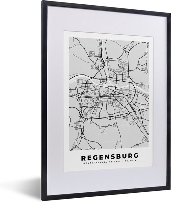 Fotolijst incl. Poster - Duitsland - Stadskaart - Plattegrond - Regensburg - Kaart - 30x40 cm - Posterlijst