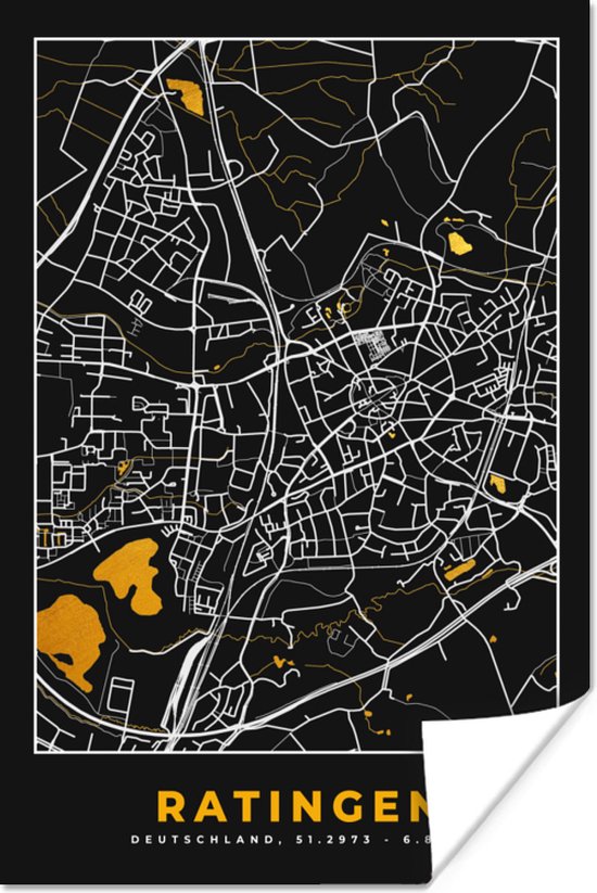 Poster Black And Gold Stadskaart Ratingen Duitsland Plattegrond Kaart Bol Com