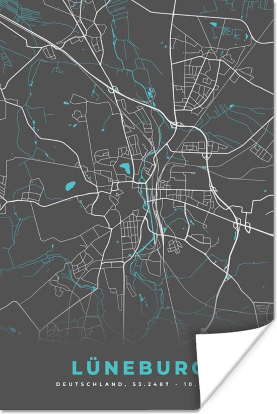 Poster Blauw – Duitsland – Plattegrond – Stadskaart – Kaart – Lüneburg - 20x30 cm