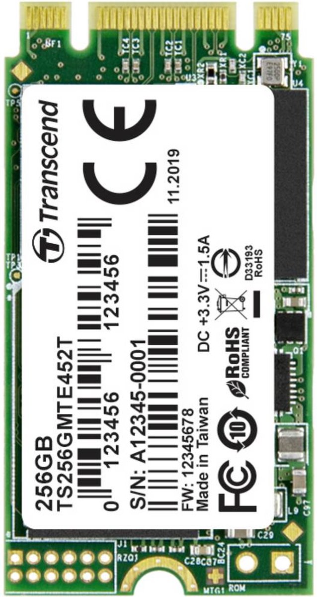 Transcend MTE452T 256 GB NVMe/PCIe M.2 SSD 2242 harde schijf M.2 NVMe PCIe 3.0 x2 Industrial TS256GMTE452T