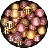 28x boules de Noël en plastique or et vieux rose mix 3 cm - Décorations pour sapins de Noël
