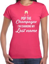 Pop champagne changing last name t-shirt - roze - dames - vrijgezellenfeest outfit / shirt / kleding L