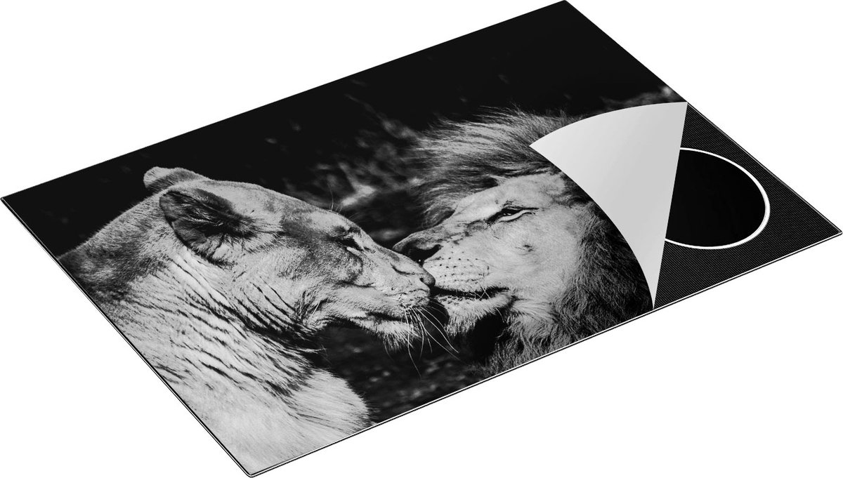 Chefcare Inductie Beschermer Leeuw en Leeuwin Koppel - Liefde - Zwart Wit - 76x51,5 cm - Afdekplaat Inductie - Kookplaat Beschermer - Inductie Mat