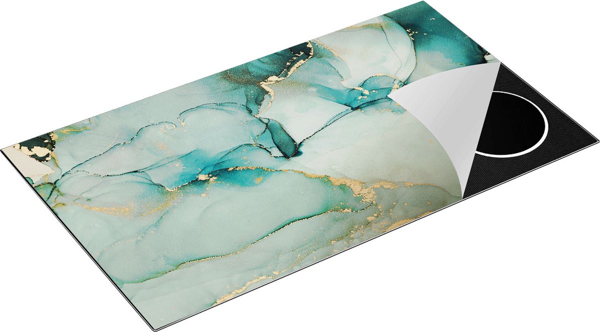 Chefcare Inductie Beschermer Abstracte Kunst - Blauwe Marmer met Goud - 91,2x52 cm - Afdekplaat Inductie - Kookplaat Beschermer - Inductie Mat