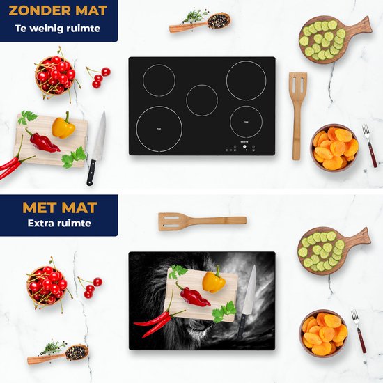 Chefcare Inductie Beschermer Leeuw - Leeuwenkop - Zwart Wit - 75x50 cm - Afdekplaat Inductie - Kookplaat Beschermer - Inductie Mat