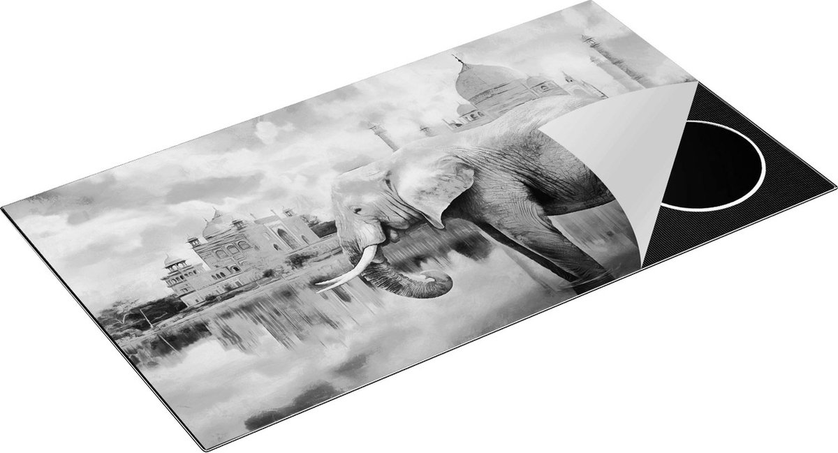 Chefcare Inductie Beschermer Getekende Olifant bij Taj Mahal - Abstract - Zwart Wit - 95x50 cm - Afdekplaat Inductie - Kookplaat Beschermer - Inductie Mat