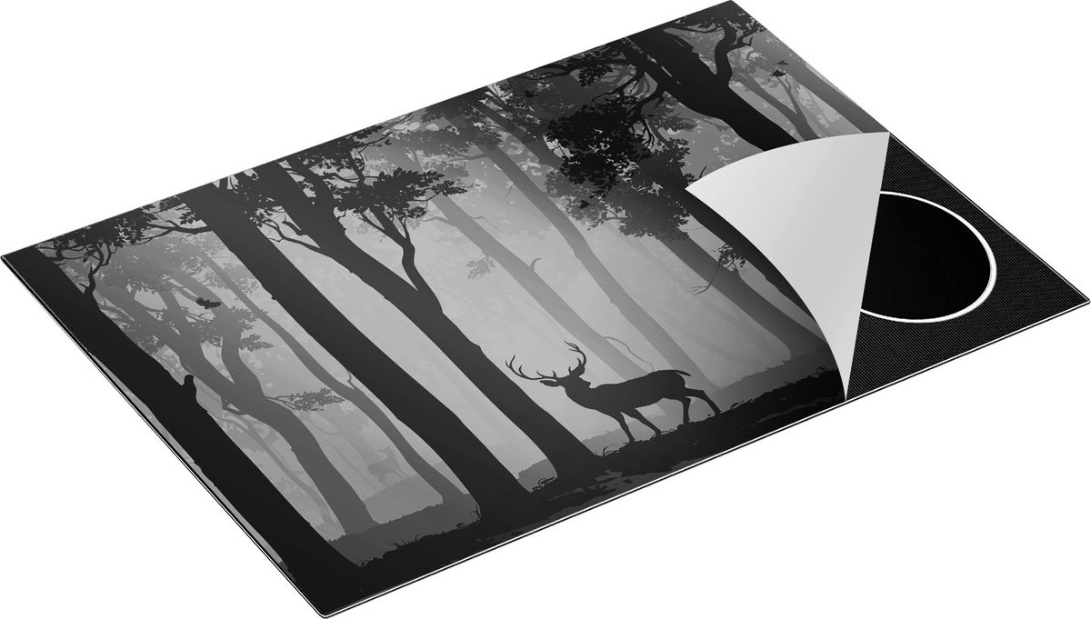 Chefcare Inductie Beschermer Hert in het Bos - Silhouet - Zwart Wit - 75x55 cm - Afdekplaat Inductie - Kookplaat Beschermer - Inductie Mat