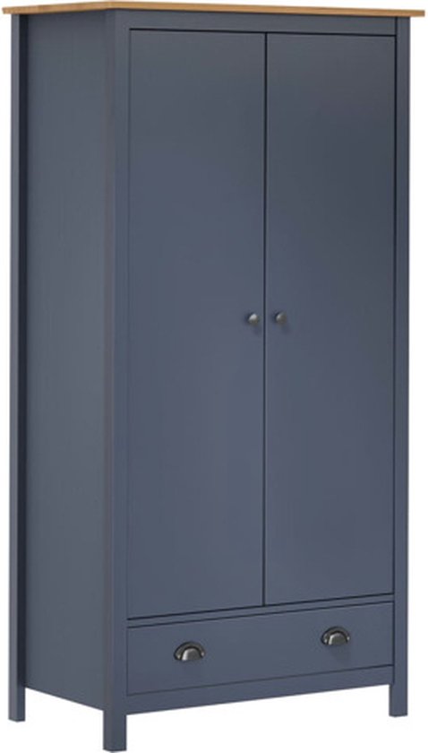 Gesloten donkergrijze kast met houten bovenblad, twee deuren en een lade.