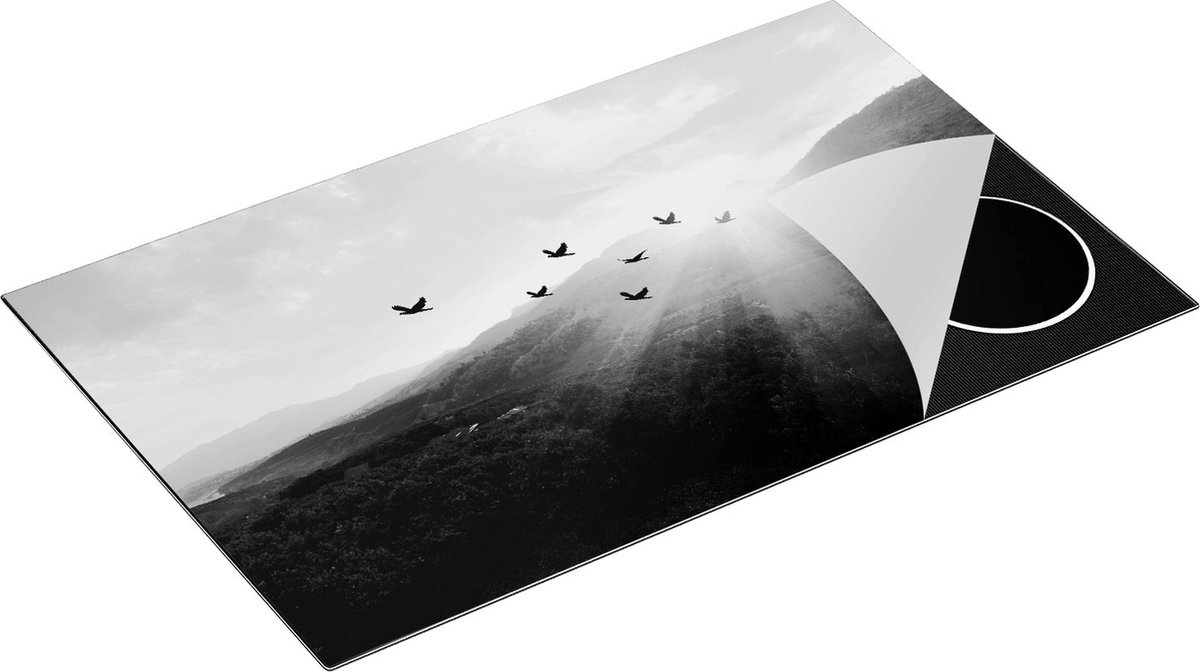 Chefcare Inductie Beschermer Silhouet Zwerm Vogels bij Zonsondergang - Zwart Wit - 85x55 cm - Afdekplaat Inductie - Kookplaat Beschermer - Inductie Mat