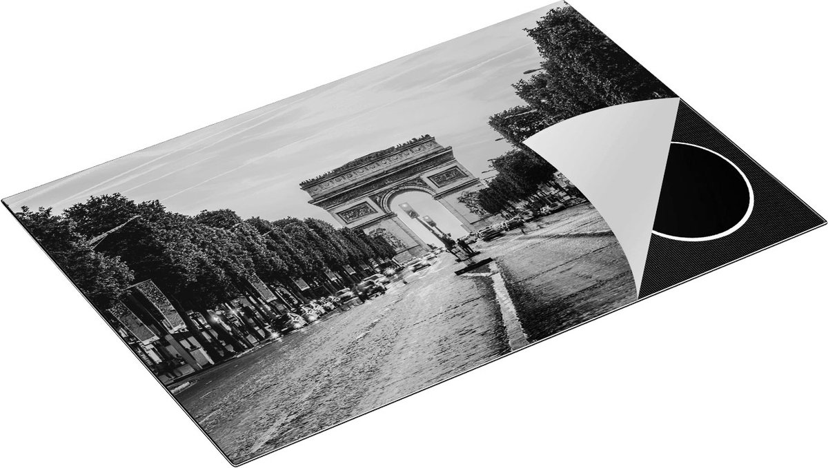 Chefcare Inductie Beschermer Arc de Triomphe in Parijs vanaf de Straat - Zwart Wit - 83x51,5 cm - Afdekplaat Inductie - Kookplaat Beschermer - Inductie Mat