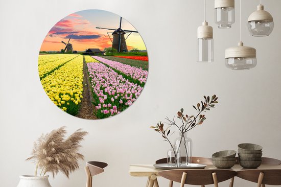 WallCircle - Wall Circle - Wall Circle Indoor - Moulin à Vent - Tulipes - Fleurs - Nederland - 150x150 cm - Décoration murale - Peintures Ronds