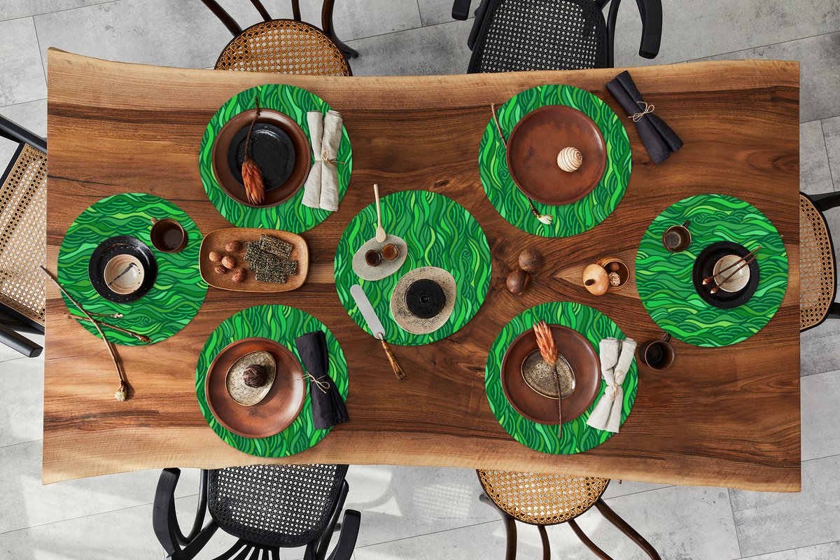 Ronde placemats - Onderlegger - Placemats rond - Zeewier - Patronen - Groen - 8 stuks