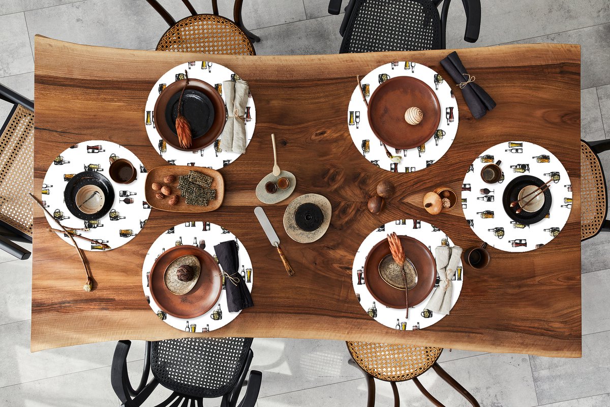 Ronde placemats - Onderlegger - Placemats rond - Bier - Glas - Patroon - 6 stuks