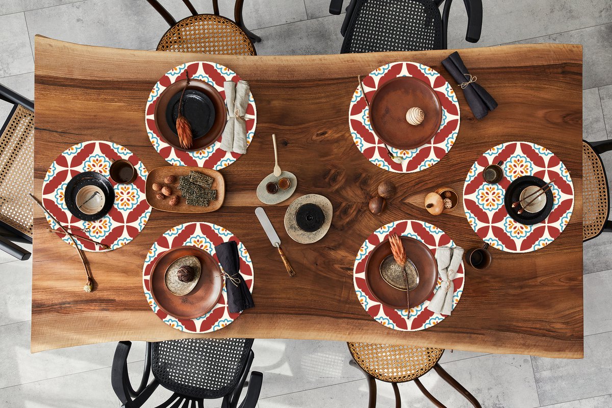 Ronde placemats - Onderlegger - Placemats rond - Bloemen - Tegel - Patroon - 6 stuks