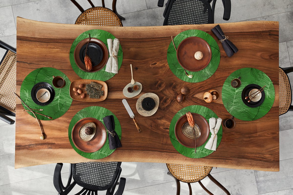 Ronde placemats - Onderlegger - Placemats rond - Patronen - Bladeren - Groen - 6 stuks