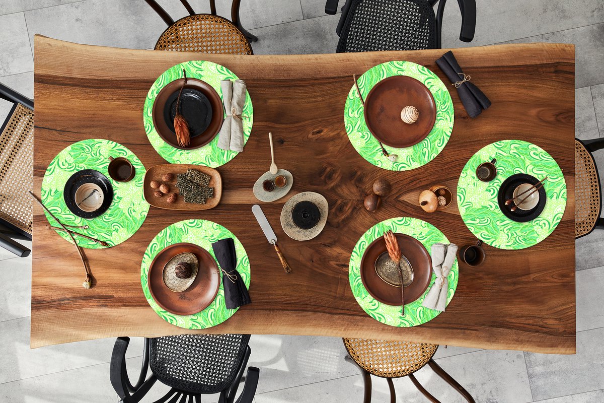 Ronde placemats - Onderlegger - Placemats rond - Patronen - Abstract - Bladeren - Groen - 6 stuks