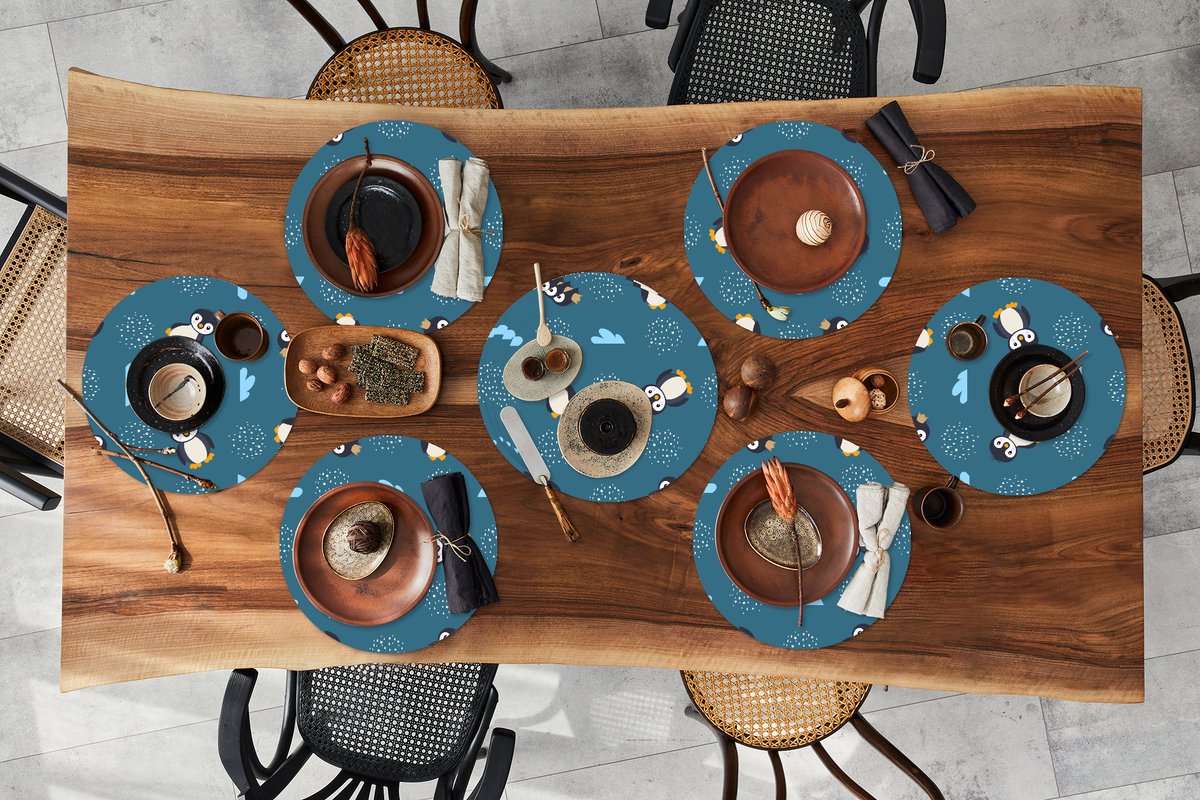 Ronde placemats - Onderlegger - Placemats rond - Pinguïn - Wolken - Jongens - Design - 10 stuks