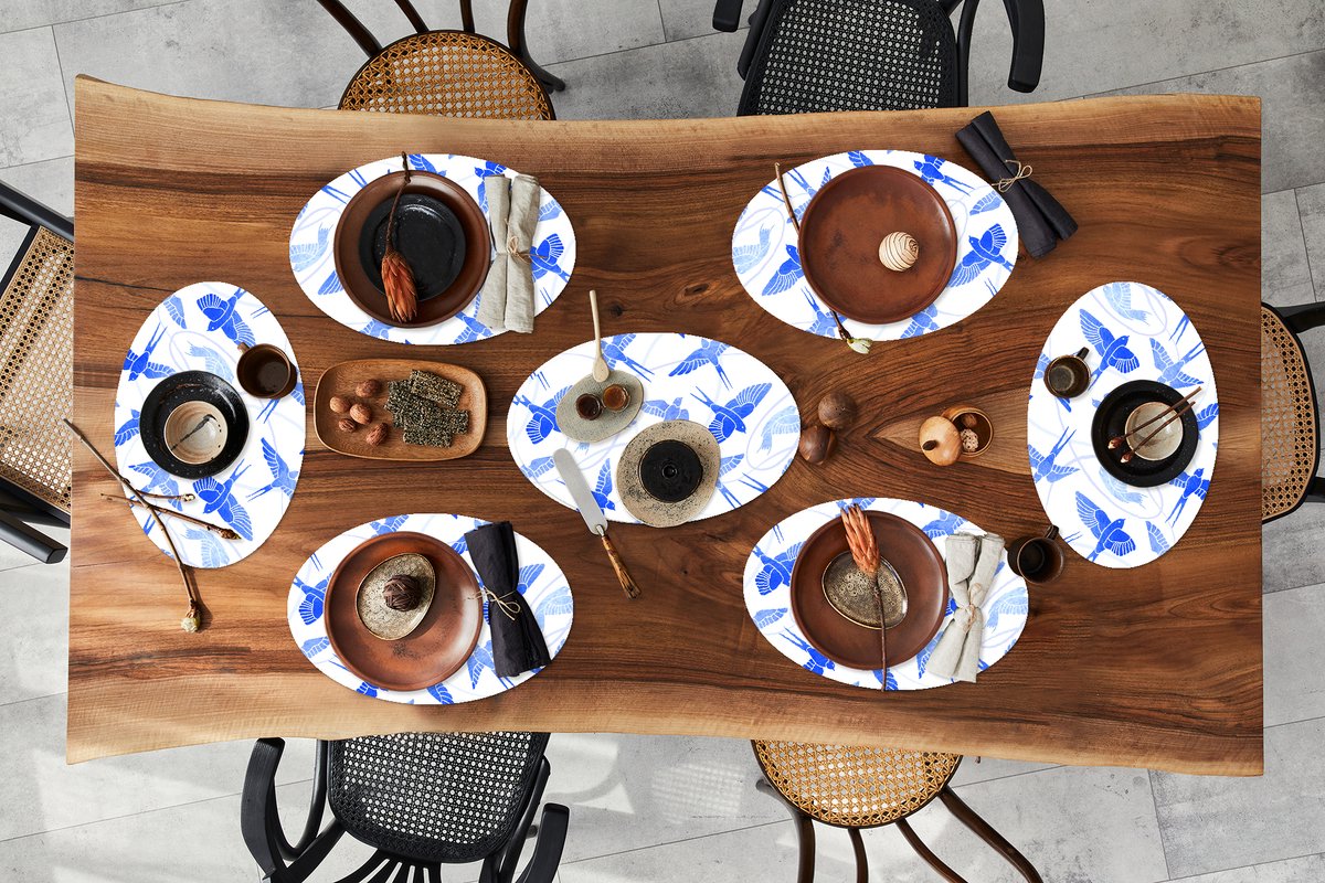 Placemats ovaal - Onderleggers - Ovale placemats - Patroon - Blauw - Vogel - 8 stuks