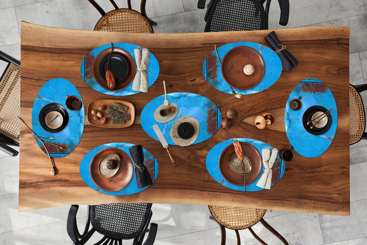 Placemats ovaal - Onderleggers - Ovale placemats - Staal - Blauw - Roest print - 8 stuks