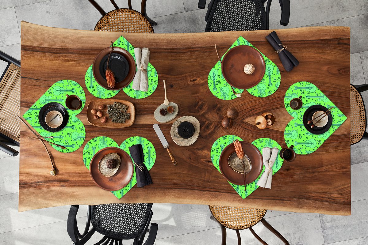 Onderleggers - Placemats - Placemats hartje - Gitaar - Patronen - Groen - 6 stuks