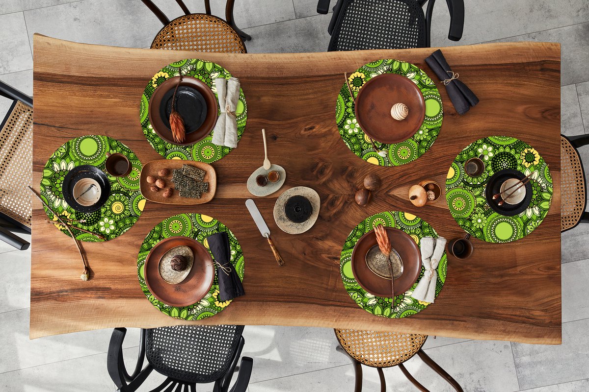 Ronde placemats - Onderlegger - Placemats rond - Bloemen - Groen - Patroon - 6 stuks
