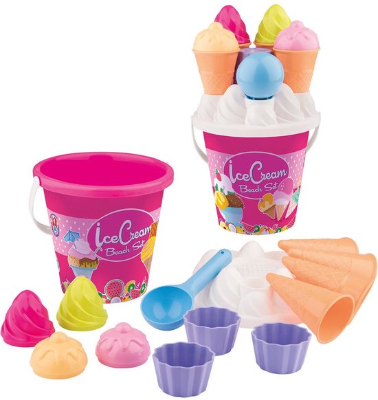 Strand/zandbak speelgoed roze emmer met vormpjes en ijsvormpjes - Zandbakspeeltjes - Strandspeelgoed