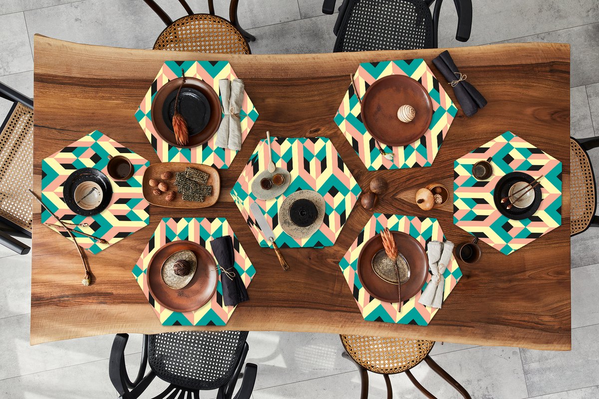 Placemats hexagon - Onderleggers placemats - Placemat zeshoek - 3D - Patronen - Kubus - 10 stuks