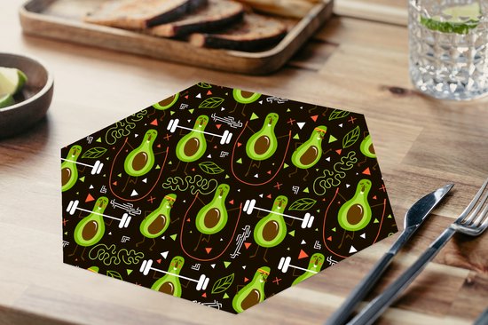 Placemats hexagon - Onderleggers placemats - Placemat zeshoek - Avocado - Fitness - Patronen - 6 stuks