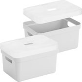 2x pièces de boîtes de rangement/paniers de rangement blanc de 13 litres en plastique avec couvercle transparent 35 x 25 x 18 cm