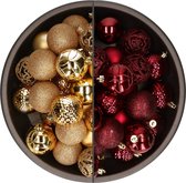 Bellatio Decorations Kerstballen mix - 74-delig - donkerrood en goudkleurig - 6 cm - kunststof