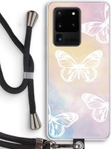 Case Company® - Hoesje met koord geschikt voor Samsung Galaxy S20 Ultra hoesje met Koord - White butterfly - Telefoonhoesje met Zwart Koord - Bescherming aan alle Kanten en Over de Schermrand