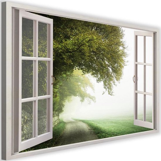 Trend24 - Peinture sur toile - Fenêtre - Arbre Misty - Peintures - Nature - 60x40x2 cm - Vert