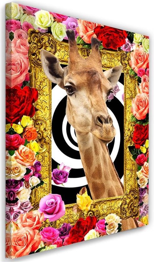 Trend24 - Canvas Schilderij - Giraffe En Gekleurde Rozen - Schilderijen - Bloemen - 80x120x2 cm - Meerkleurig