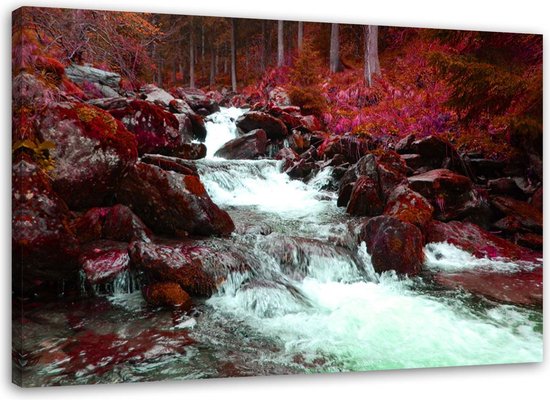 Trend24 - Canvas Schilderij - Bergstroom In Rood - Schilderijen - Landschappen - 100x70x2 cm - Rood
