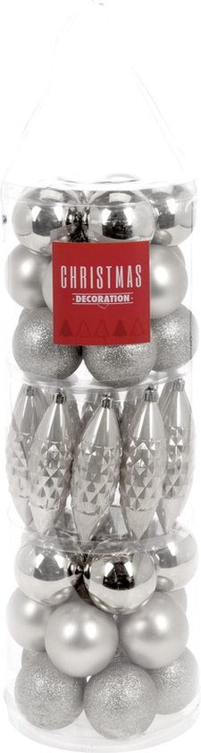 Christmas Decoration Kerstballen en pegels - 40x st - zilver - 6 cm - kunststof - kerstboomversiering